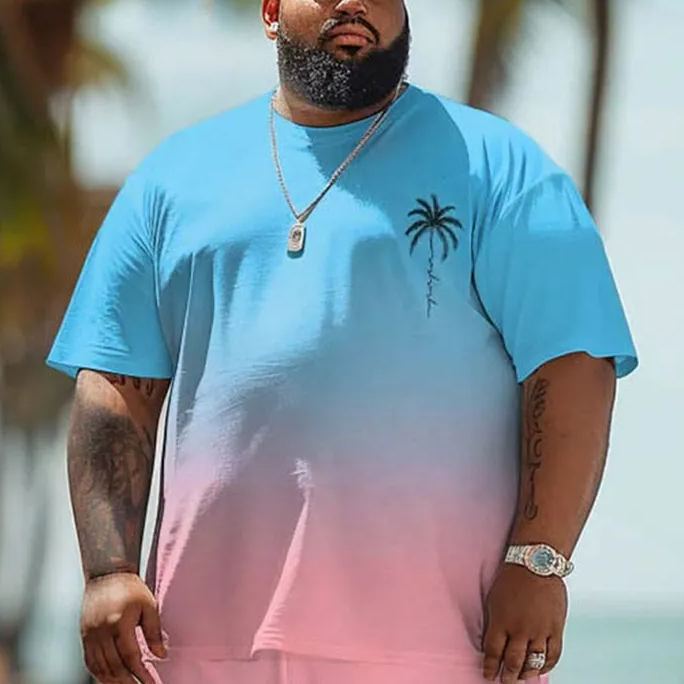Hawaiian Ombre Coconut Tree Print Short Sleeve Men's Plus Size T-shirt