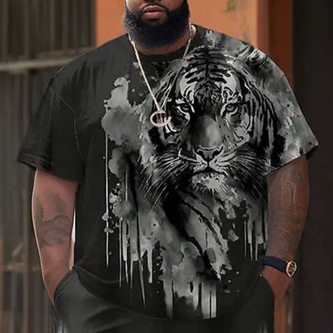 Men's Plus Size Street Casual Black And White Art Tiger Print T-shirt 