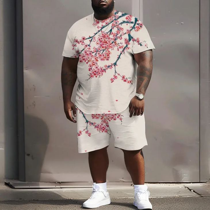 Men's Plus Size Japanese Plum Blossom Print T-shirt Two-piece Set