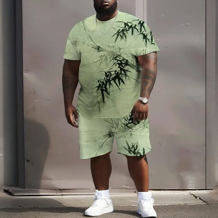 Men's Plus Size Japanese Style Watercolor Bamboo Print T-shirt Two-piece Set