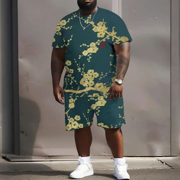 Men's Plus Size Japanese Style Contrasting Plum Blossom Print T-shirt Two-piece Set