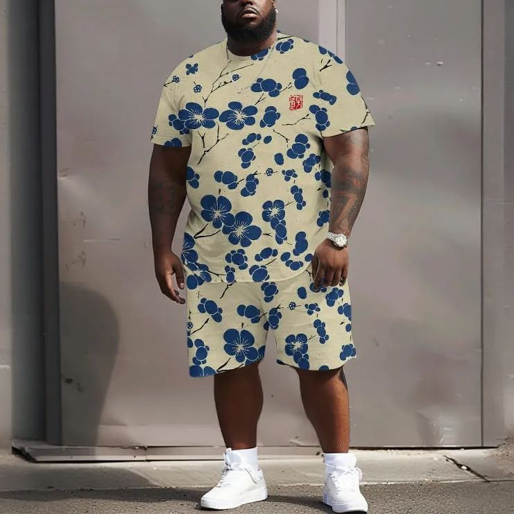 Men's Plus Size Japanese Style Contrasting Plum Blossom Print Causal T-shirt Two-piece Set