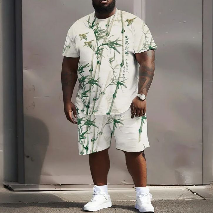 Men's Plus Size Japanese Sparrow Bamboo Print T-shirt Two-piece Set