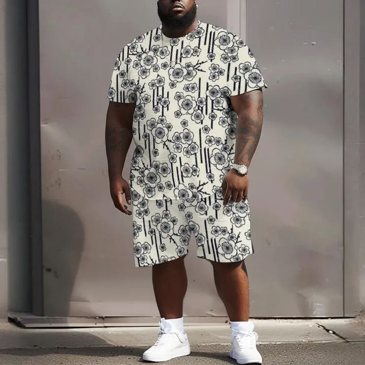 Men's Plus Size Japanese Style Simple Plum Blossom Print T-shirt Two-piece Set