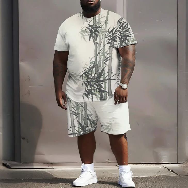 Men's Plus Size Ink Bamboo Print T-shirt Two-piece Set