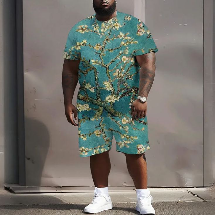 Men's Plus Size Van Gogh Plum Blossom Print T-shirt Two-piece Set