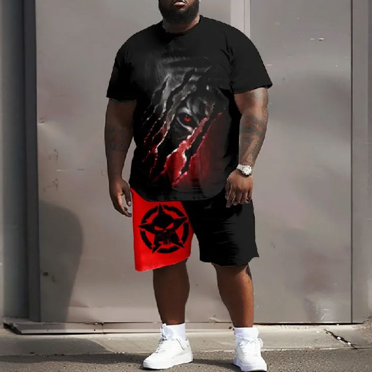 Men's Plus Size Scary Staring Red Eye Skull Print T-shirt Two-piece Set