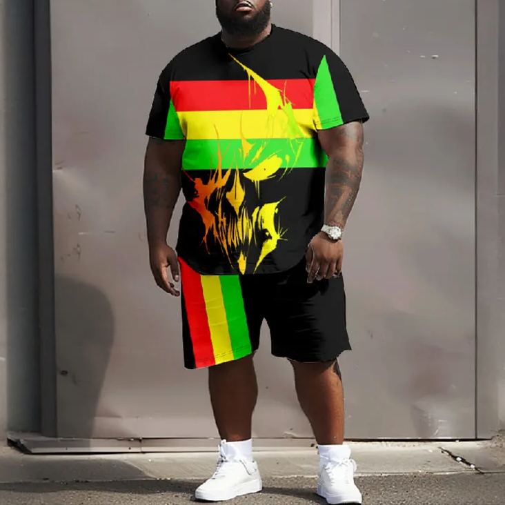 Men's Plus Size Colorful Abstract Blurry Bone Face T-shirt Two-piece Set
