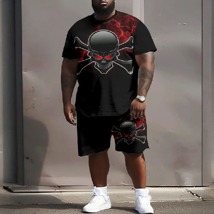 Men's Plus Size Scary Red Eye Skull Print T-shirt Two-piece Set