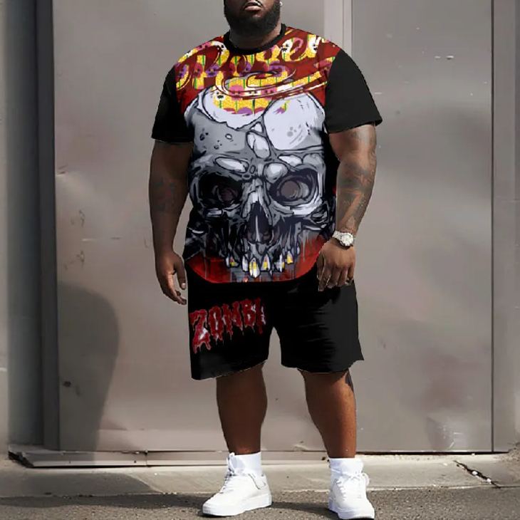 Men's Plus Size Printed Colorful Power Ink Skull Face T-shirt Two-piece Set