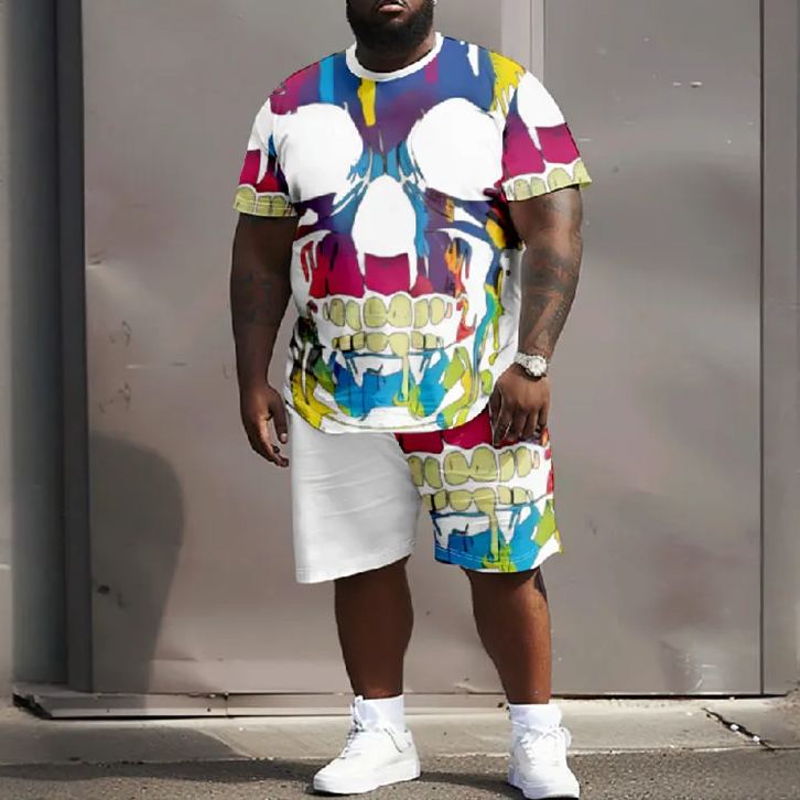 Men's Plus Size Colorful Abstract Skull Graffiti Art Print T-shirt Two-piece Set
