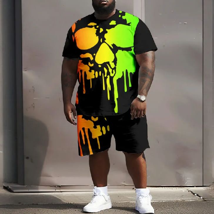 Men's Plus Size Ombre Oil Painting Abstract Skull T-shirt Two-piece Set