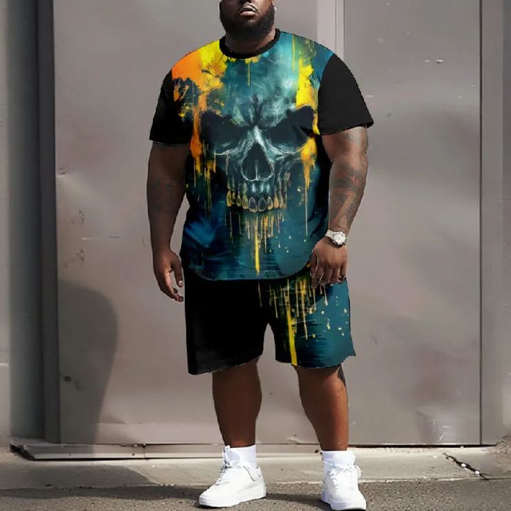 Men's Plus Size Oil Painting Colorful Skull Art T-shirt Two-piece Set