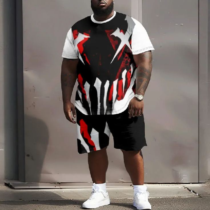 Men's Plus Size Complex Abstract Graffiti Skull Print T-shirt Two-piece Set