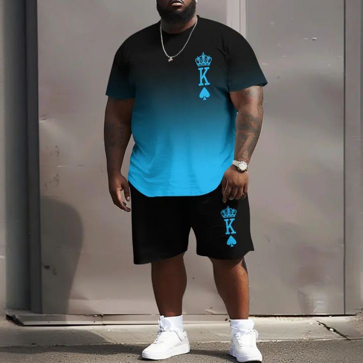 Men's Plus Size Color Matching K Pattern Casual Short Sleeve Crew Neck T-shirt Two-piece Set