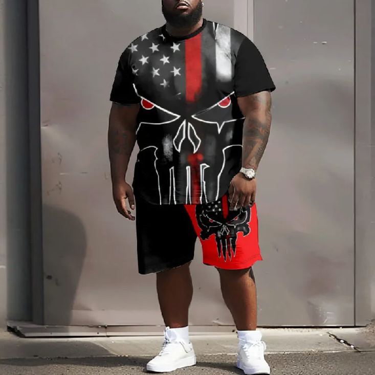 Men's Plus Size Dark Us Flag Abstract Skull Face T-shirt Two-piece Set