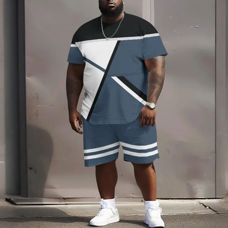 Men's Plus Size Geometric Pattern Print Casual Short Sleeve Crew Neck T-shirt Two-piece Set