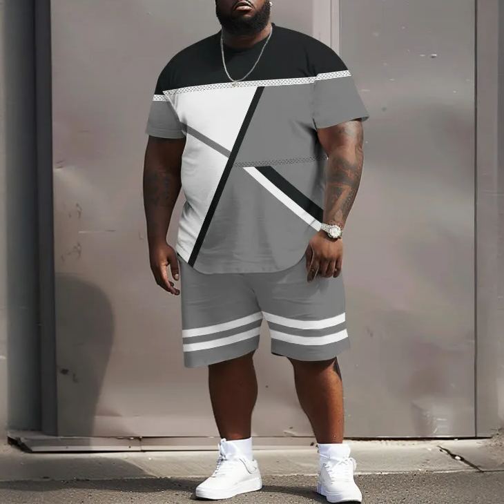 Men's Plus Size Geometric Pattern Print Casual Short Sleeve Crew Neck T-shirt Two-piece Set