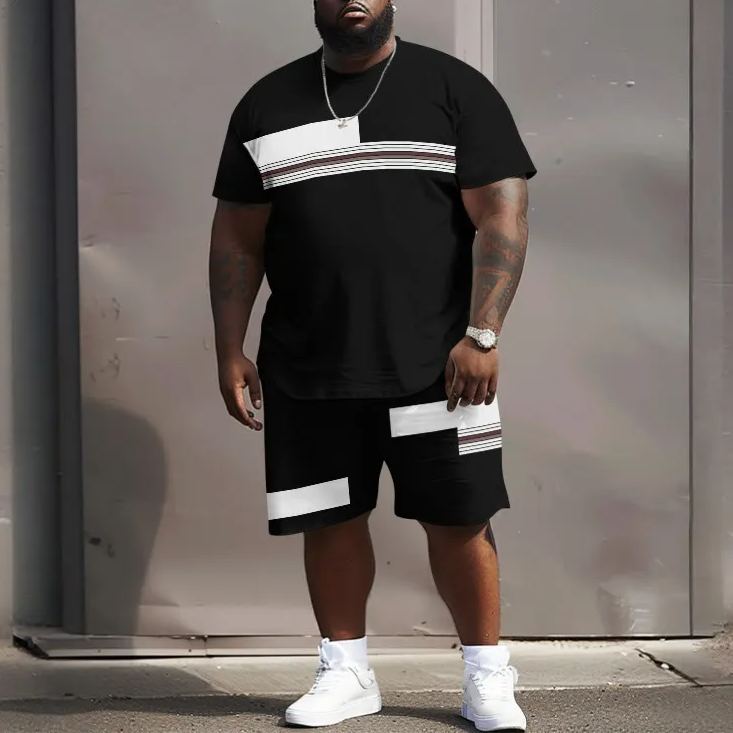 Men's Plus Size Novelty Color Blocked Casual Short Sleeve Crew Neck T-shirt Two-piece Set