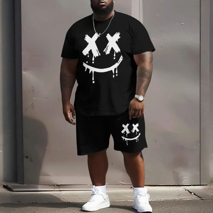 Men's Plus Size Street Style Smiley Face Print Casual Short Sleeve Crew Neck T-shirt Two-piece Set