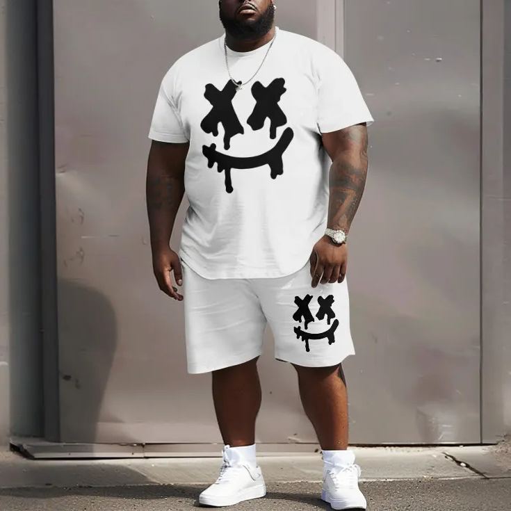 Men's Plus Size Street Style Smiley Face Print Casual T-shirt Two-piece Set