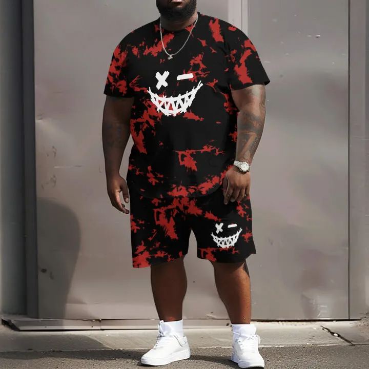 Men's Plus Size Street Style Tie-dye Design Devil Smiley Face Printed T-shirt Two-piece Set
