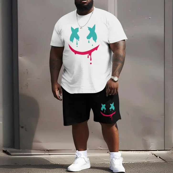 Men's Plus Size Street Style Colorblock Smiley Face Print T-shirt Two-piece Set