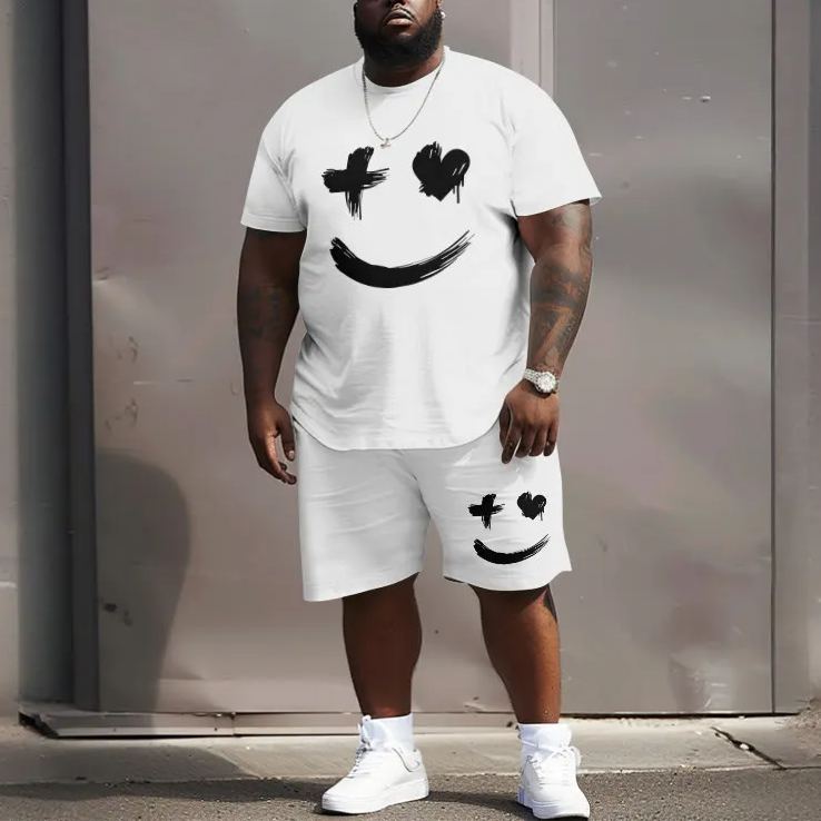 Men's Plus Size Street Style Simple Smiley Face Printed T-shirt Two-piece Set