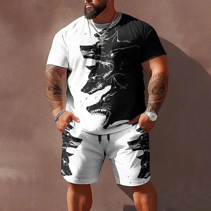 Men's Plus Size Horror Art Hungry Howling Wolf T-shirt Set