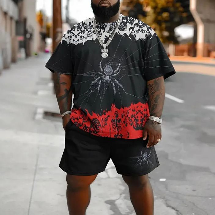 Men's Plus Size Scary Spider Skull T-Shirt Set