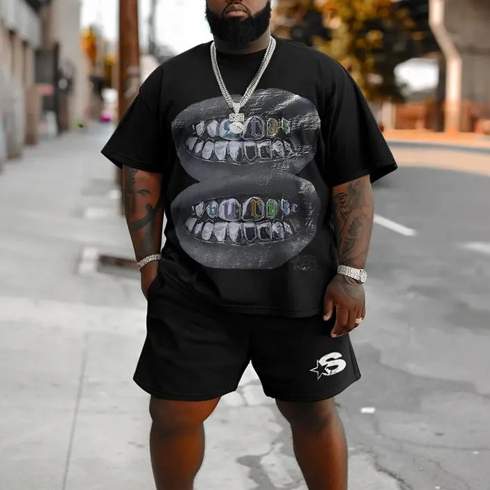 Men'S Plus Size Street Hip Hop Loose Lip Graphic T-Shirt Shorts Set