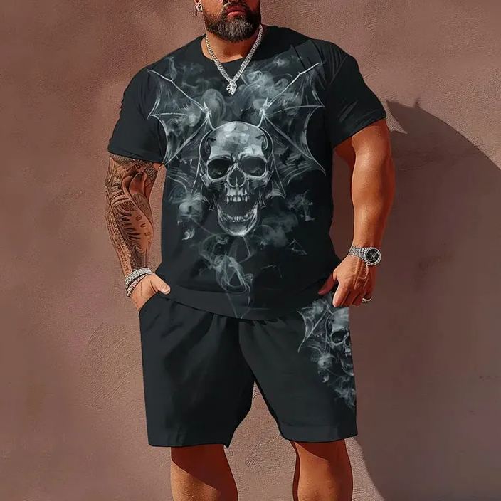 Men'S Plus Size Horror Art Skull Bat T-Shirt Set