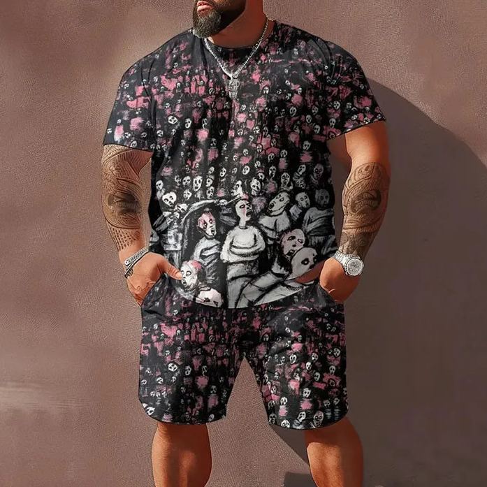 Men's Plus Size Horror Art Abstract Face T-shirt Set