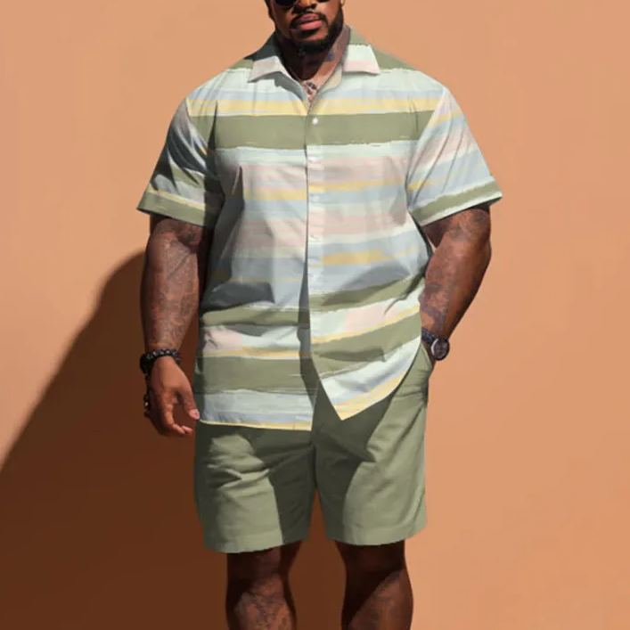  Summer Light Color Horizontal Stripes Men's Plus Size Shirt Set