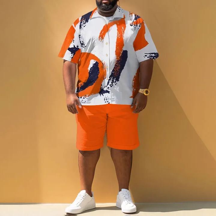 Summer Simple Color Painting Graffiti Men's Plus Size Shirt Set