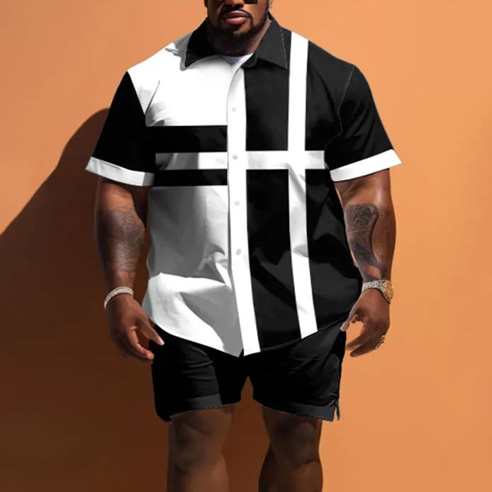Summer Simple Color Block Geometric Graphics Men's Plus Size Shirt Set