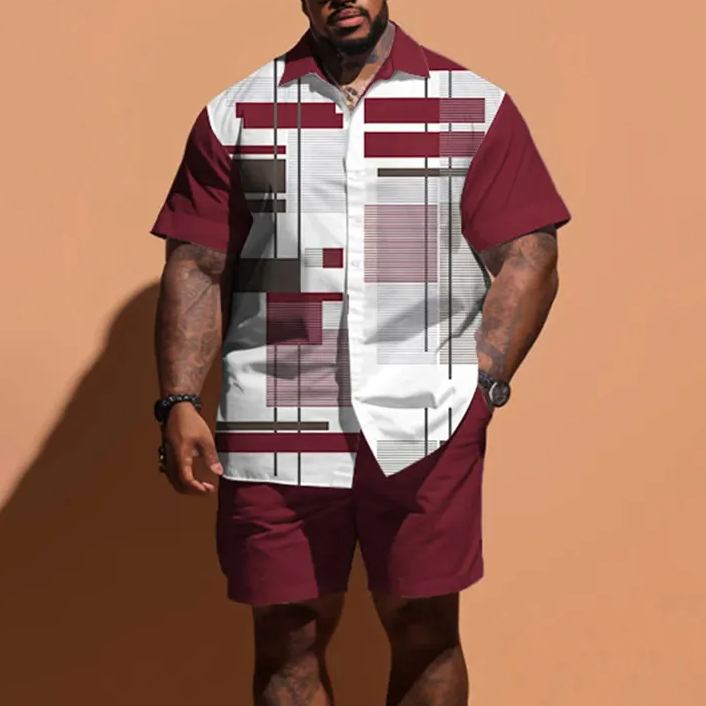 Summer Color Square Splice Strips Graphics Men's Plus Size Shirt Set