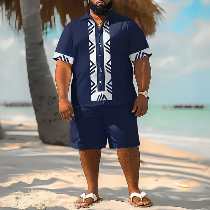 Summer Beach Bicolor Geometric Patterns Casual Men's Plus Size Shirt Set