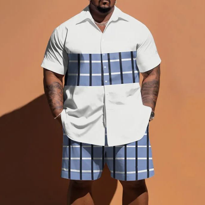 Summer Simple Blue Square Mosaic Geometric Pattern Men's Plus Size Shirt Set
