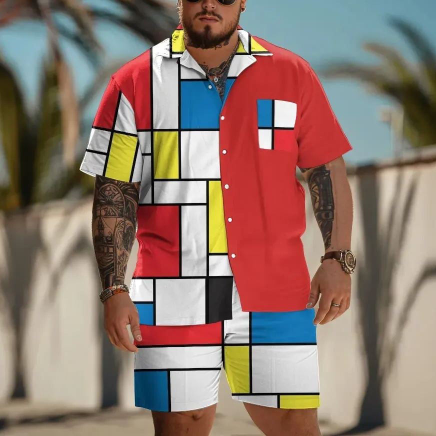 Men'S Plus Size Fashion Geometric Color Blocks Art Print Shirt Set