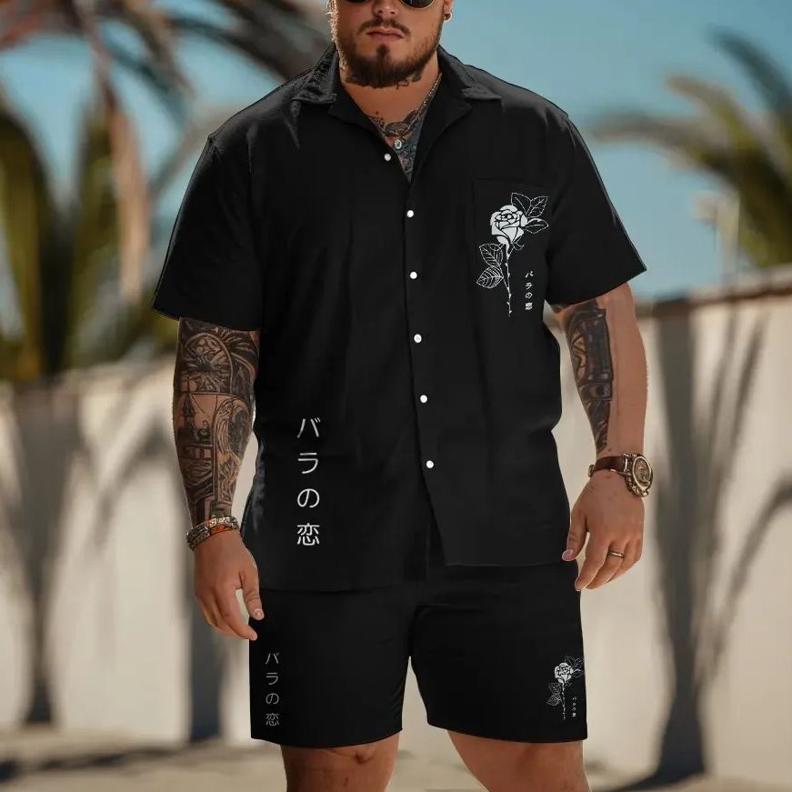 Men'S Plus Size Fashion Flowers Art Print Shirt Set
