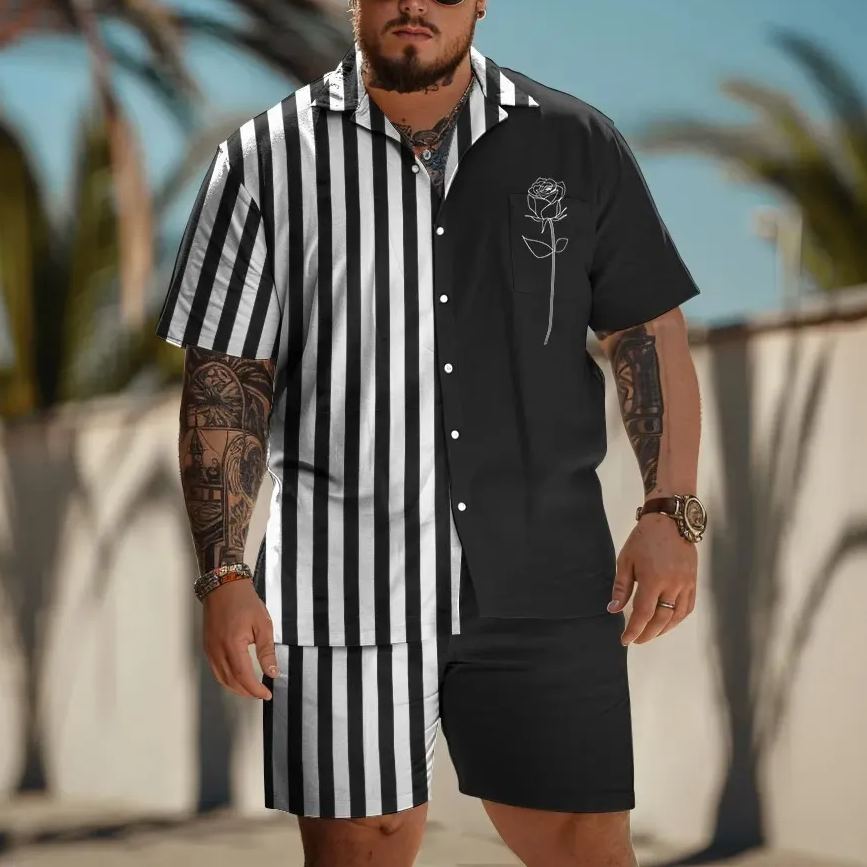 Men's Plus Size Fashion Stripes & Florals Art Print Shirt Set
