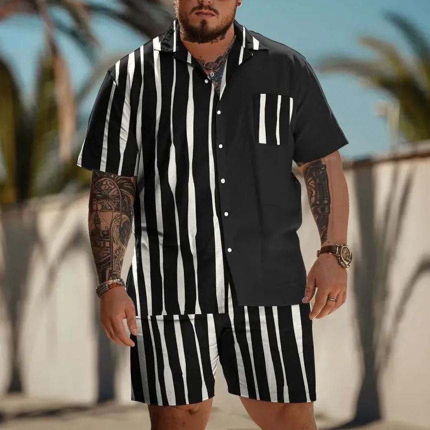 Men'S Plus Size Fashion Stripe Art Print Shirt Set