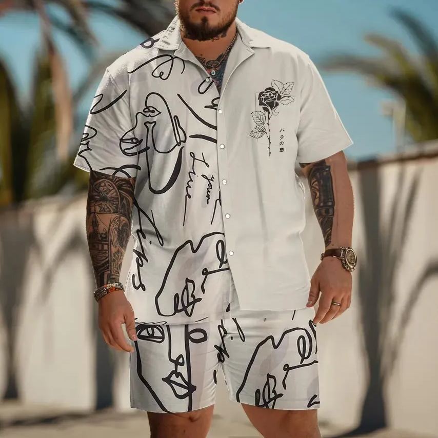 Men'S Plus Size Fashion Line Face Art Print Shirt Set