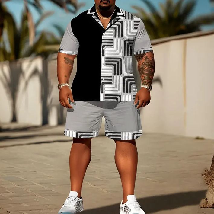 Men's Plus Size Geometric Splicing Art Print Shirt Set