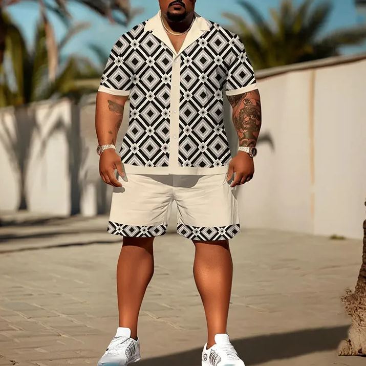 Men's Plus Size Retro Geometric Art Print Shirt Set