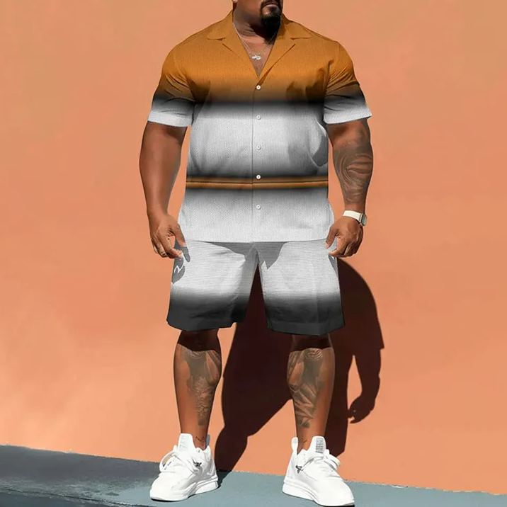 Men's Plus Size Gradient Color Print Shirt Set