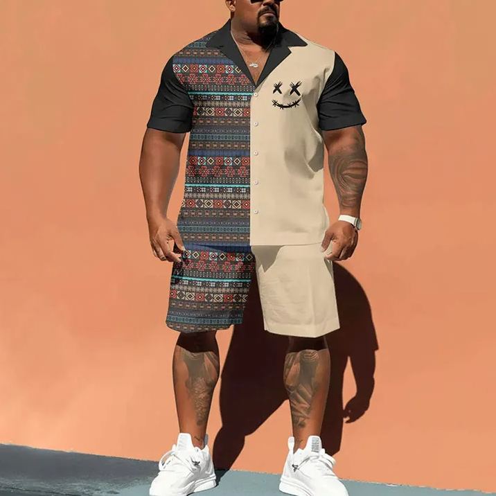 Men's Plus Size Colorful Geometric & Smile Face Print Patchwork Stripe Print Shirt Set