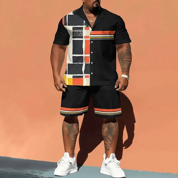 Men's Plus Size Colorful Plaid Casual Shirt Set