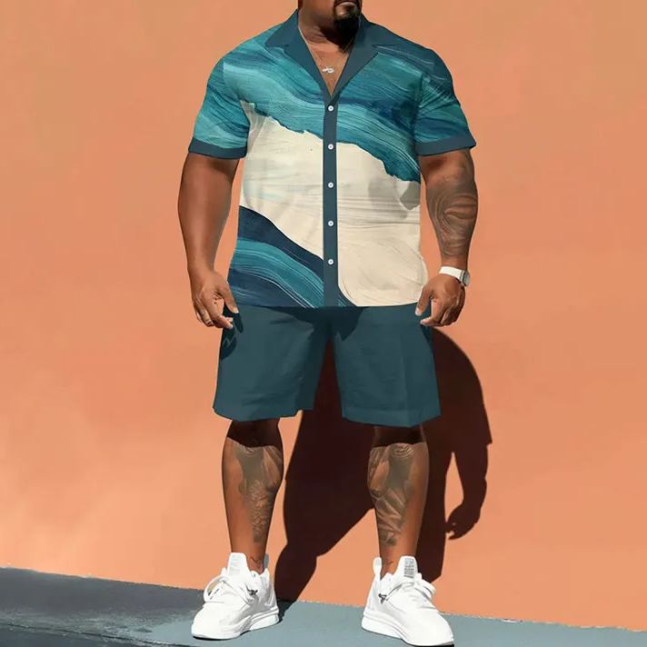 Men's Plus Size Marbled Contrast Print Shirt Set